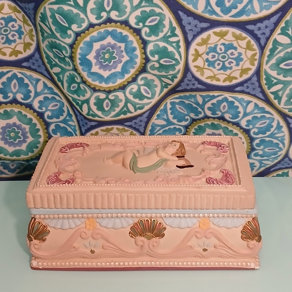 Vintage Sculpted Resin Jewelry Box With Cherub Design